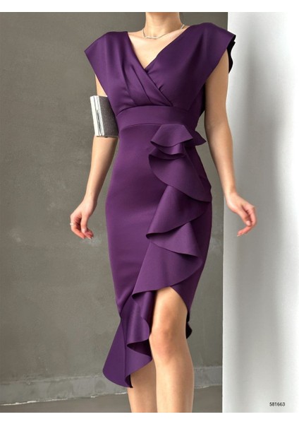 Ulak Handmader Scuba Kumaş Önü Fırfırlı Midi Boy Elbise modelleri