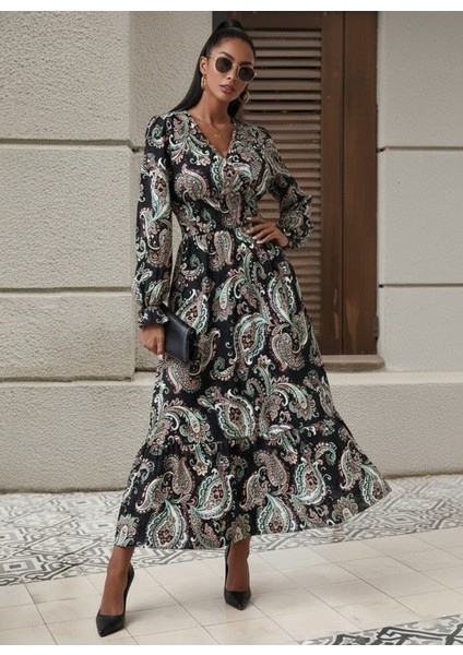 Ulak Handmader Kadın Uzun Kollu Kruvaze Yaka Beli Lastikli Uzun Desenli Maxi Elbise fiyatları