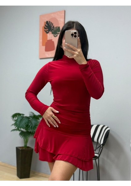 Ulak Handmader Kadın Uzun Kollu Balıkçı Yaka Mini Fırfırlı Sandy Elbise fırsatları