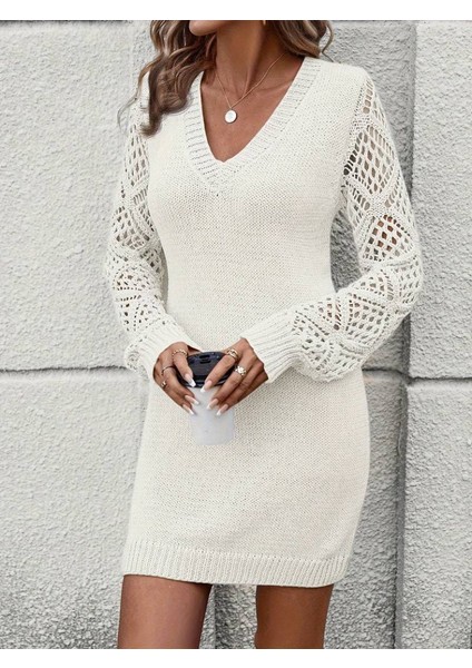 Ulak Handmader Kadın Uzun Kollu V Yakalı Mini Triko Elbise