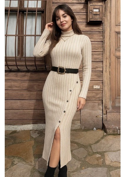 Ulak Handmader Kadın Uzun Kollu Balıkçı Yaka Yırtmaçlı Düğmeli Şardonlu Kaşkorse Elbise