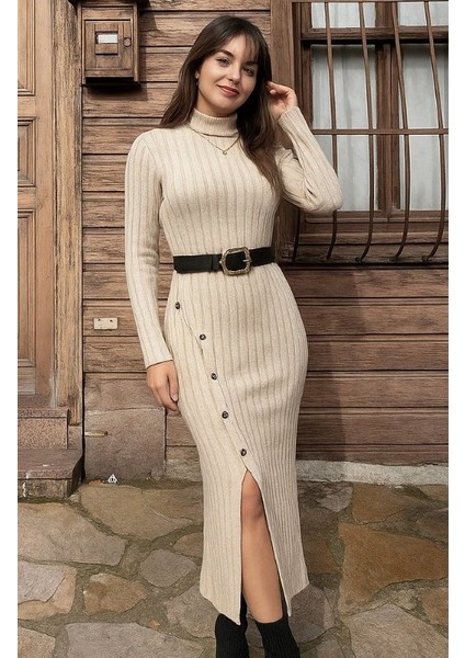 Ulak Handmader Kadın Uzun Kollu Balıkçı Yaka Yırtmaçlı Düğmeli Şardonlu Kaşkorse Elbise modelleri