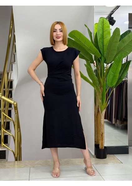 Ulak Handmader Kadın Kısa Kollu Yuvarlak Yaka Belden Bağcıklı Önden Yırtmaçlı Aerobin Elbise