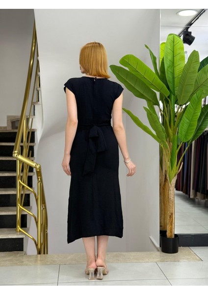 Ulak Handmader Kadın Kısa Kollu Yuvarlak Yaka Belden Bağcıklı Önden Yırtmaçlı Aerobin Elbise modelleri