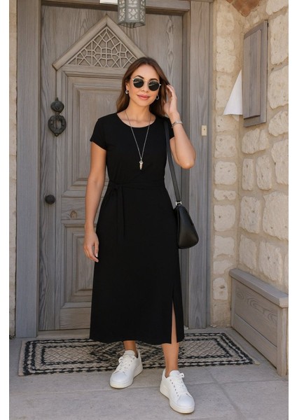 Ulak Handmader Kadın Kısa Kollu Yuvarlak Yaka Belden Bağcıklı Önden Yırtmaçlı Aerobin Elbise fırsatları