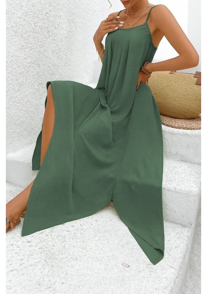 Ulak Handmader Kadın Ip Askılı V Yakalı Asimetrik Detaylı Aerobin Elbise