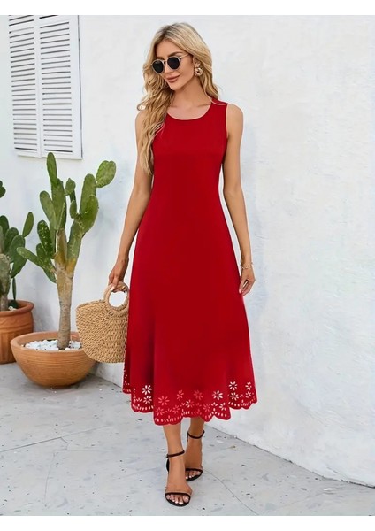 Ulak Handmader Kadın Kolsuz Etek Ucu Lazer Kesim Çiçek Desenli Midi Boy Ithal Krep Elbise fırsatları