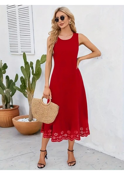 Ulak Handmader Kadın Kolsuz Etek Ucu Lazer Kesim Çiçek Desenli Midi Boy Ithal Krep Elbise indirimleri