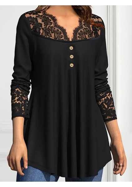 Ulak Handmader Kadın Uzun Kollu Dantel Detaylı Düğmeli Viskon Bluz