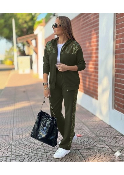 Ulak Handmader Kadın Uzun Kollu Önden Fermuarlı Pul Payetli Alt Üst Viskon Iki Iplik Takım