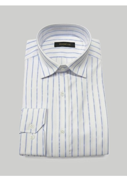 Beyaz Mavi Çizgili Modern Fit Erkek Gömlek