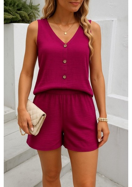 Ulak Handmader Kadın Askılı Kolsuz V Yakalı Önden Düğmeli Bürümcük Bluz ve Short Ikili Takım