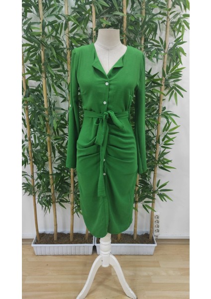 Ulak Handmader Kadın Uzun Kollu Önden Düğmeli Beli Kuşaklı Aerobin Midi Elbise