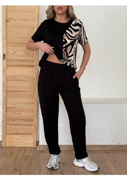 Ulak Handmader Kadın Bisiklet Yaka Kısa Kol Leopar Desen Bluz ve Pantolon Ikili Takım fırsatları