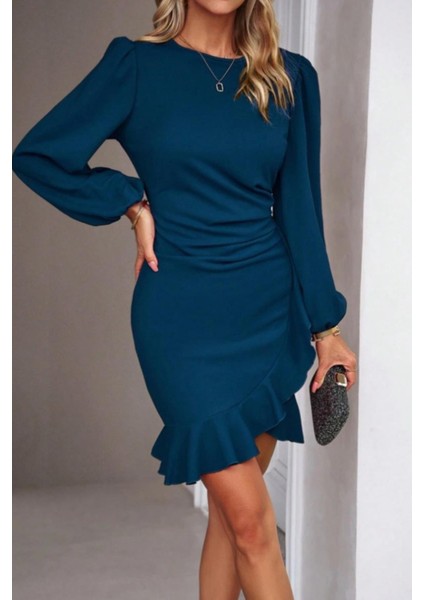 Ulak Handmader Kadın Uzun Kollu Bisiklet Yaka Önden Volanlı Ithal Krep Elbise fırsatları