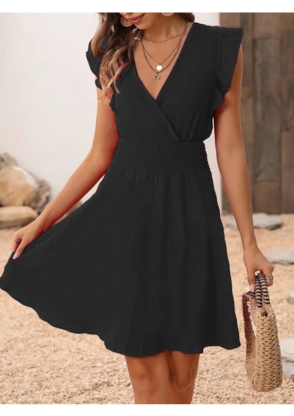 Ulak Handmader Kadın Kısa Kollu Kruvaze Yakalı Beli Lastikli Aerobin Elbise