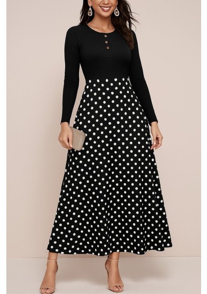 Ulak Handmader Kadın Uzun Kollu Önü Düğmeli Viskon Bluz Eteği Örme Maxi Krep Elbise