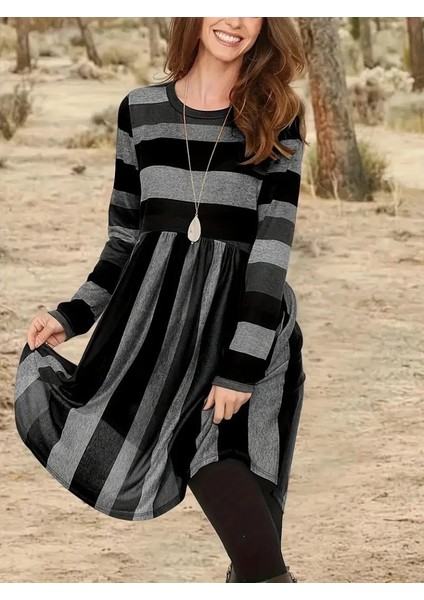 Ulak Handmader Kadın Uzun Kollu Bisiklet Yaka Çizgili Desen Detaylı Süprem Mini Elbise fiyatları