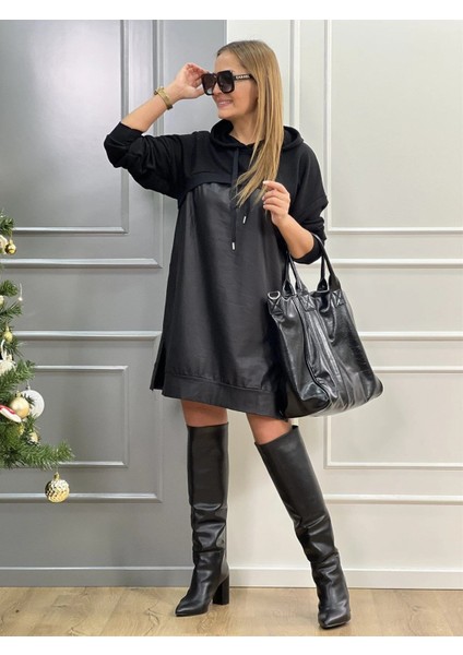 Ulak Handmader Kadın Uzun Kollu Kapüşon ve Deri Detay Diz Üstü Elbise indirimleri