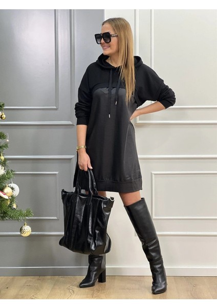 Ulak Handmader Kadın Uzun Kollu Kapüşon ve Deri Detay Diz Üstü Elbise