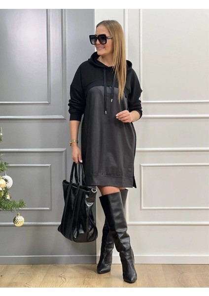 Ulak Handmader Kadın Uzun Kollu Kapüşon ve Deri Detay Diz Üstü Elbise