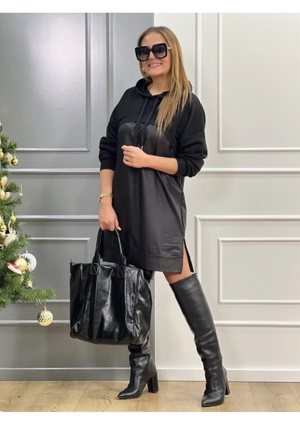 Ulak Handmader Kadın Uzun Kollu Kapüşon ve Deri Detay Diz Üstü Elbise