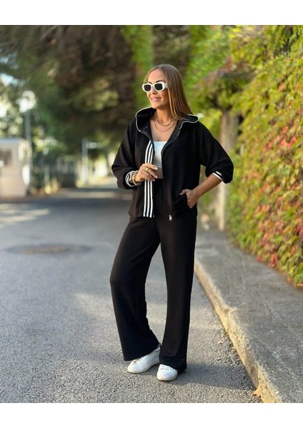 Ulak Handmader Kadın Uzun Kollu Kapşonlu Onu Şerit Detaylı Fermuarlı Viskon Iki Iplik Bluz ve Pantolon Ikili Takım