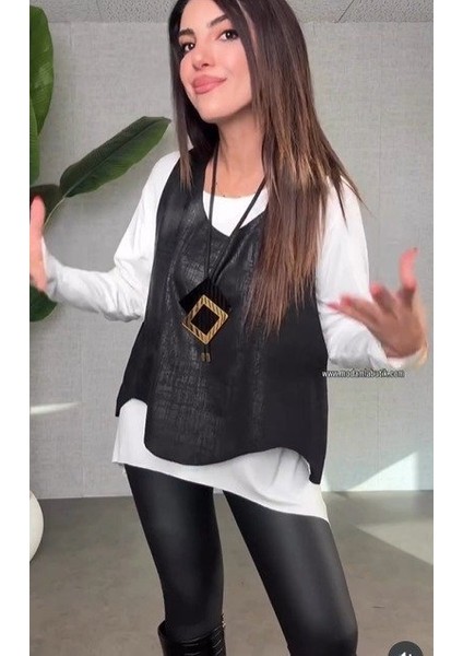 Ulak Handmader Kadın Siyah Deri Yelekli Kolye Dahil Üçlü Takım