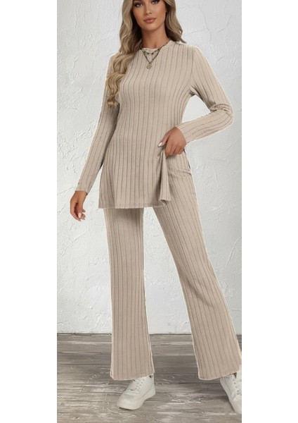 Ulak Handmader Kadın Uzun Kollu Bisiklet Yaka Yandan Yırtmaçlı Şardonlu Kaşkorse Bluz ve Pantolon Ikili Takım fiyatları