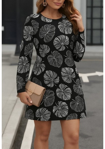 Ulak Handmader Kadın Uzun Kollu Bisiklet Yaka Desenli Kısa Krep Elbise modelleri