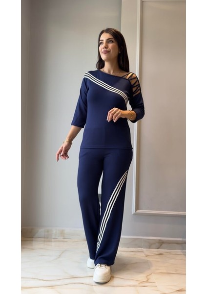 Ulak Handmader Kadın Uzun Kollu Truvakar Kol Tek Omuz Çapraz Şerit Detaylı Ribanalı Viskon Iki Iplik Bluz ve Pantolon Ikili Takım