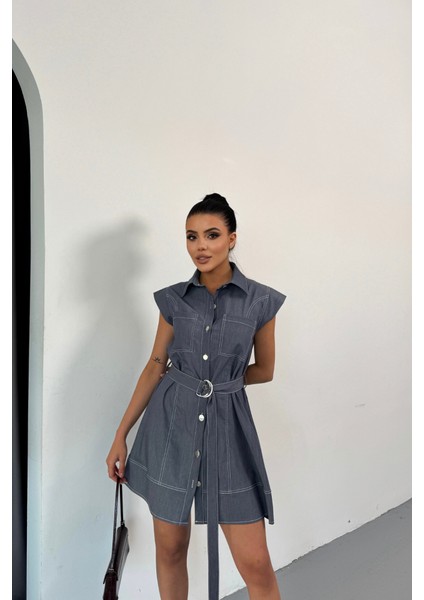 Ulak Handmader Gömlek Elbise Kolsuz Tencel Kumaş - Mavi