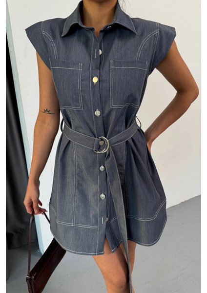 Ulak Handmader Gömlek Elbise Kolsuz Tencel Kumaş - Mavi fiyatları