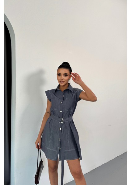 Ulak Handmader Gömlek Elbise Kolsuz Tencel Kumaş - Mavi modelleri