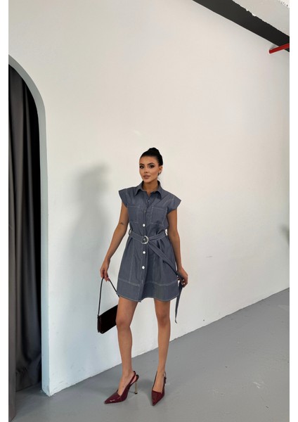 Ulak Handmader Gömlek Elbise Kolsuz Tencel Kumaş - Mavi fırsatları