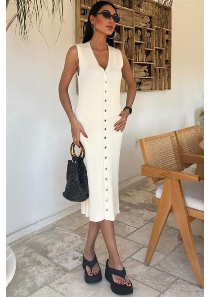 Ulak Handmader Önü Düğmeli Fitilli Kolsuz Elbise 2832