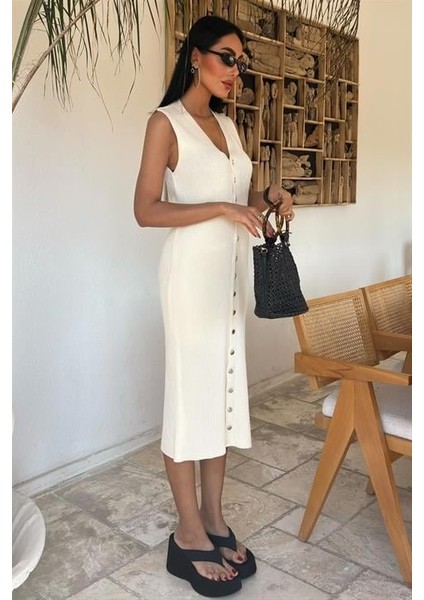 Ulak Handmader Önü Düğmeli Fitilli Kolsuz Elbise 2832