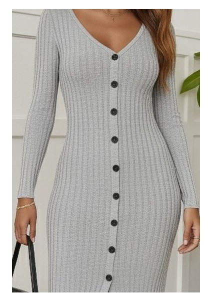 Ulak Handmader Kadın Uzun Kollu V Yakalı Önden Düğmeli Şardonlu Kaşkorse Elbise fiyatları