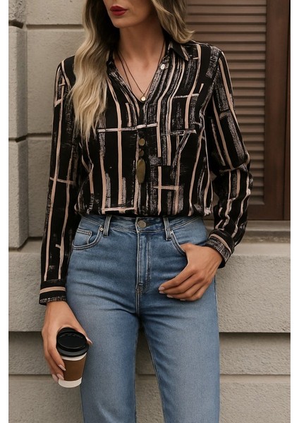 Ulak Handmader Kadın Uzun Kollu V Yakalı Desenli Dalgıç Bluz