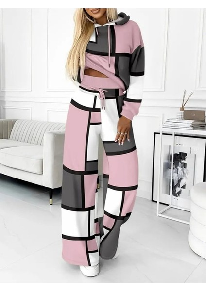 Ulak Handmader Kadın Uzun Kollu Kapşonlu Bağcıklı Desenli Iki Iplik Bluz ve Pantolon Ikili Takım fırsatları