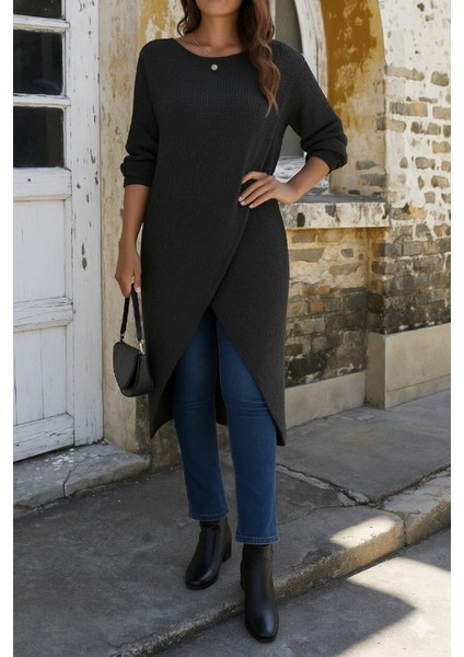 Ulak Handmader Kadın Uzun Kollu Bisiklet Yakalı Önden Çapraz Kesim Detaylı Midi Triko Elbise