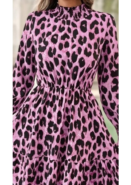 Ulak Handmader Kadın Uzun Kollu Yarı Balıkçı Yaka Leopar Desenli Modal Mini Elbise fiyatları