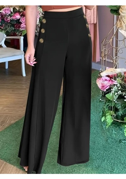Ulak Handmader Kadın Yüksek Bel Yan Düğme Detaylı Geniş Paçalı Ithal Krep Pantolon