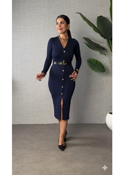 Ulak Handmader Kadın Uzun Kollu V Yakalı Önden Düğmeli Yırtmaçlı Modal Midi Kemersiz Elbise