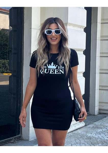 Ulak Handmader Kadın Kısa Kollu Queen Baskı Iki Iplik Mini Elbise