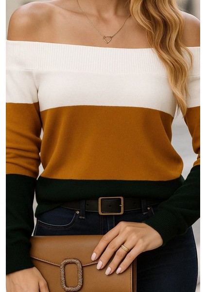 Ulak Handmader Kadın Uzun Kollu Omuzlardan Açık Uzun Kollu Blok Çizgili Triko Bluz fiyatları