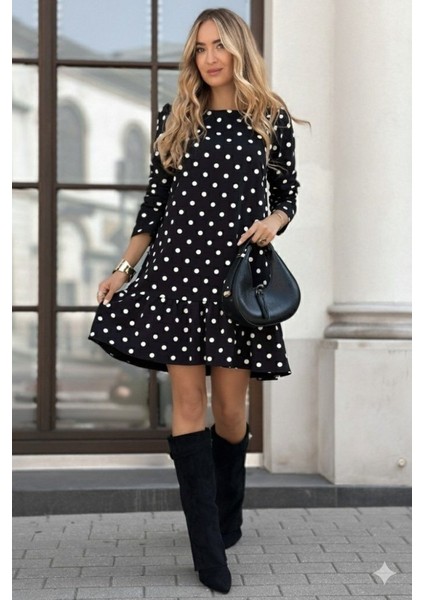 Ulak Handmader Kadın Uzun Kollu Bisiklet Yaka Fırfırlı Puantiyeli Kısa Modal Elbise modelleri