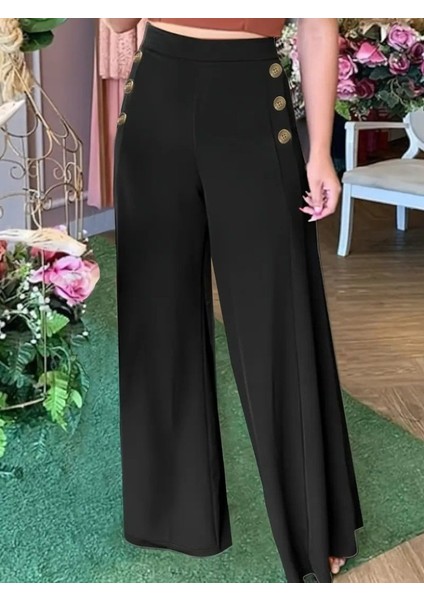 Ulak Handmader Kadın Yüksek Bel Yan Düğme Detaylı Geniş Paçalı Ithal Krep Pantolon modelleri