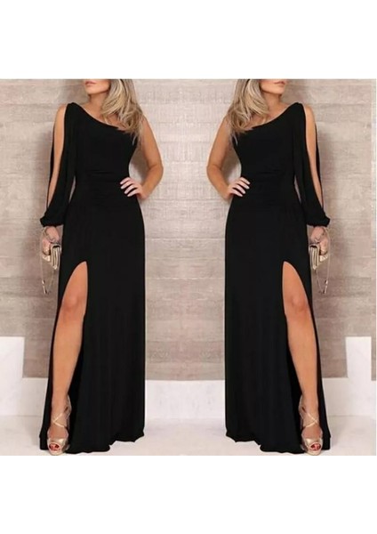 Ulak Handmader Tek Omuz Açık Derin Yırtmaçlı Krep Tam Boy Elbise