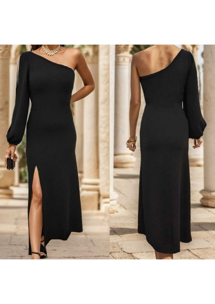 Ulak Handmader Tek Omuz Açık Derin Yırtmaçlı Krep Tam Boy Elbise